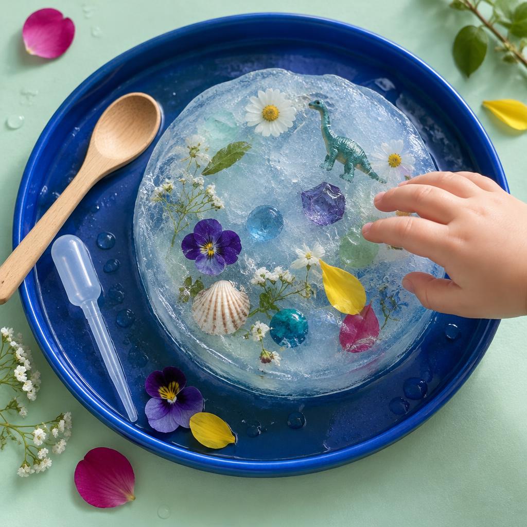 A little hand discovering flowers and treasures frozen in ice