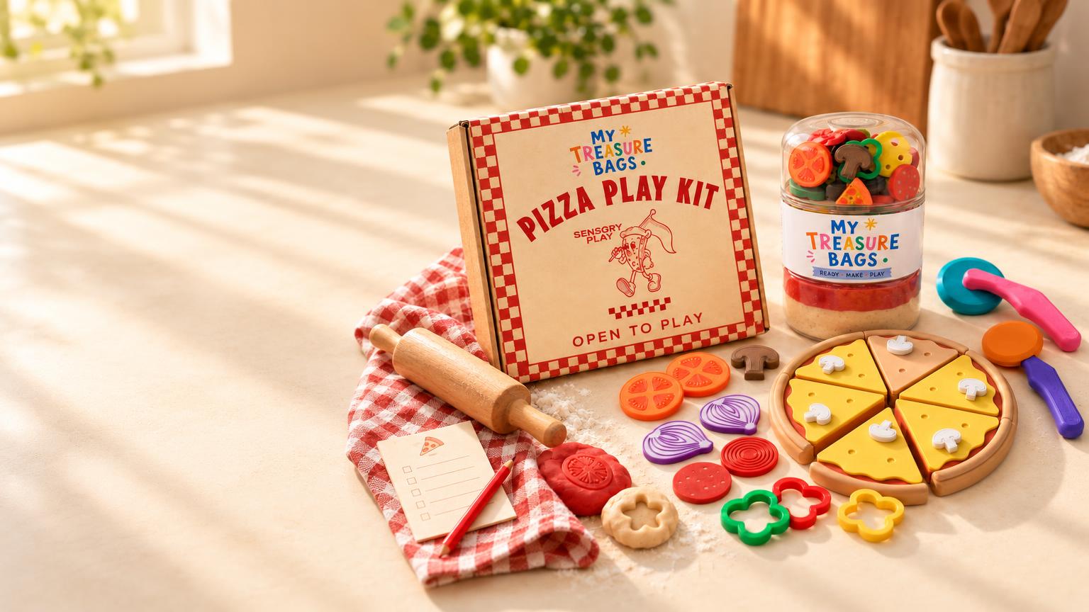 The My Treasure Bags Pizza Play Kit, with dough, cutters and a wooden pizza laid out ready to play